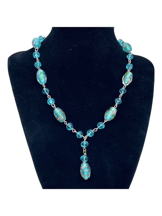 Unbranded Jewelry - Handmade Glass Bead Lavalier Necklace Teal Gold Pink Rose Sterling Vintage 1950s